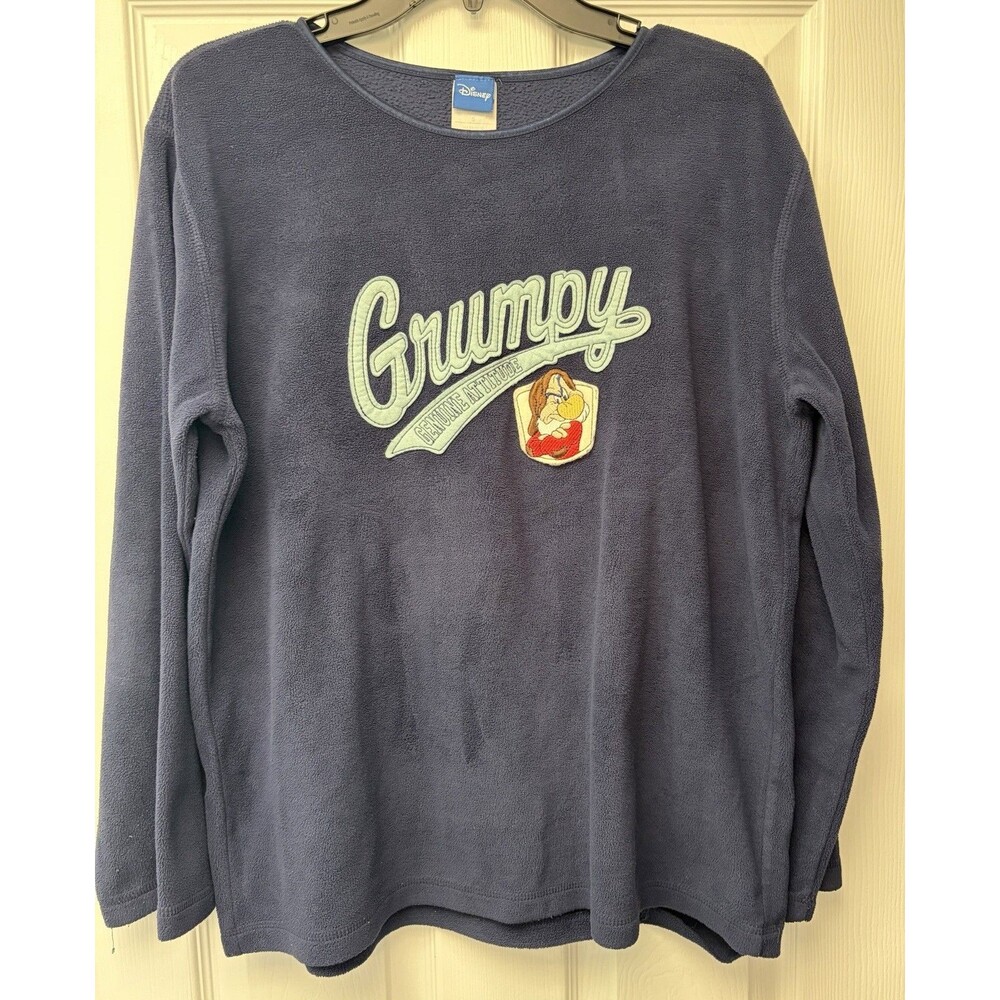 Y2K 2000 Disney Grumpy Attitude Fleece Pullover Embroidered Large Navy Blue